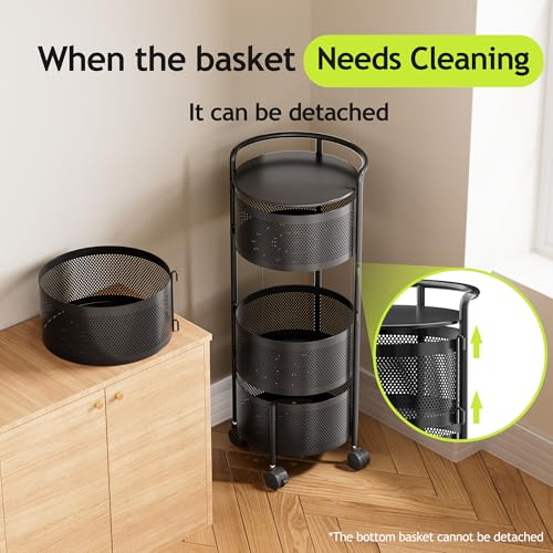 Image of JAQ Rotating Kitchen Storage Rack No Assembly, 4-Tier Metal Storage Tower Basket Shelves Organizer on Rolling Wheels with Removal Drawers for Fruit Vegetable Grocery (4-Tier, Black, Corner Shelf)