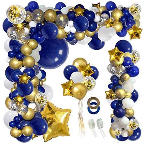 JULLIZ 148pcs Navy Blue Gold Balloon Arch Garland, Royal White Gold Confetti Balloons for 2022Graduation Shower Wedding Birthday Classroom Decoration