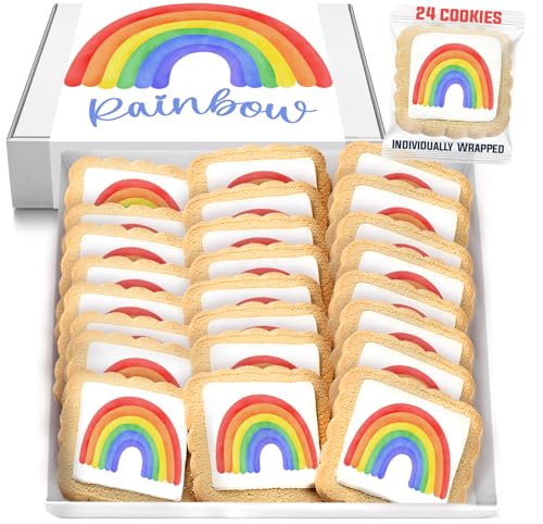 Image of Rainbow Cookies Themed Party Favors | 24 Pack Individually Wrapped Bulk | Cookie for Birthday Pride Girls Boys Colorful Multicolored Treats Snacks For Kids Class Adults