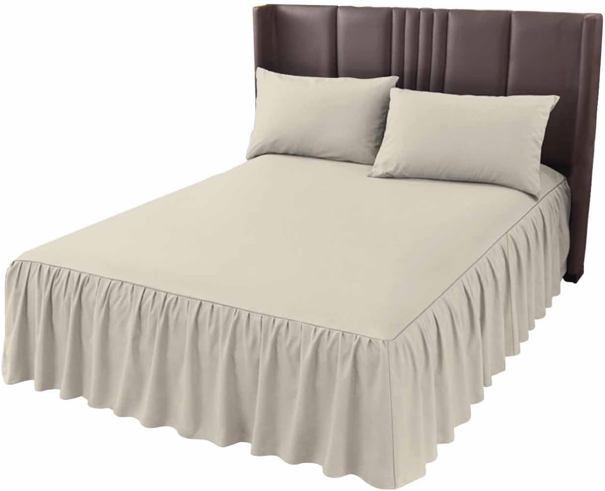 Ruffle Bed Skirt Sets King Size, Around Bedding 18" Drop, Beige Solid Color Ruffled Skirt Bedspread Classic Sheet with 2 Pillow Shams