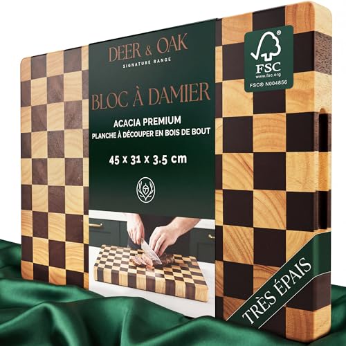 Deer & Oak Planche à Découper en Acacia Bois de Bout Motif Échiquier & Huile Alimentaire – 45 x 31 x 3,5 cm, Bloc Boucher FSC Pré-Huilé avec Poignées,...