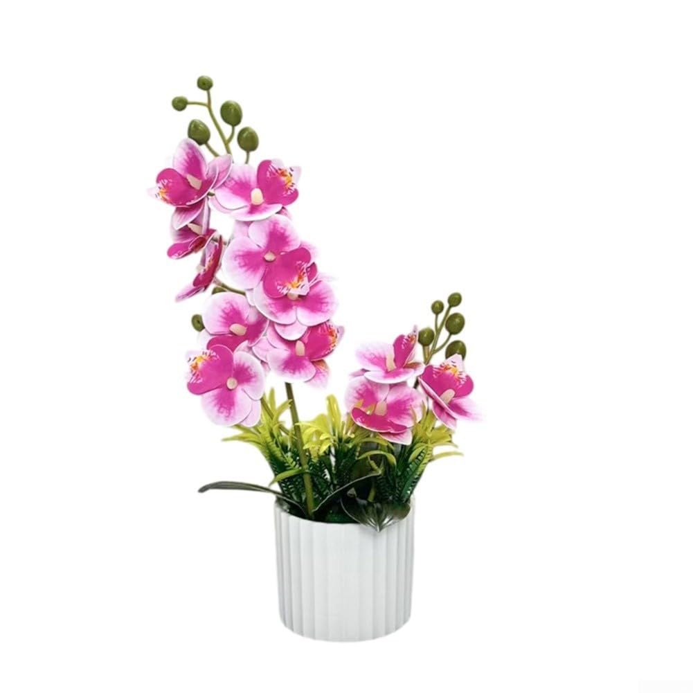 Elegant Artificial Orchid Potted Plant for Tabletop Display Faux Phalaenopsis Arrangement with Natural Texture and Balanced Proportions (Purple center)