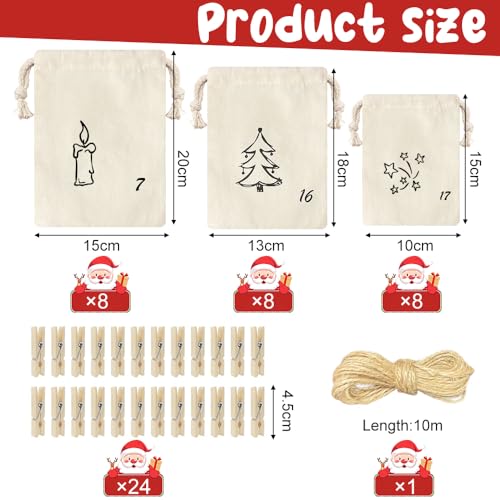 Adventskalender Zum Befüllen Kinder, 24 Adventskalender Säckchen Selber Befüllen Stoff, 3 Größen Leinen Adventssäckchen Mit Holzklammern, DIY Jutesäckchen Weihnachtskalender Beutel Wiederverwendba