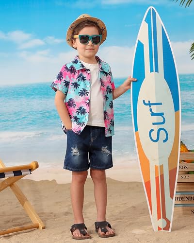Coco&RARA Toddler Baby Boy Clothes Summer Beach Outfits Hawaiian Short Sleeve Button Down Shirts+Denim Shorts Casual Set 1-5T2