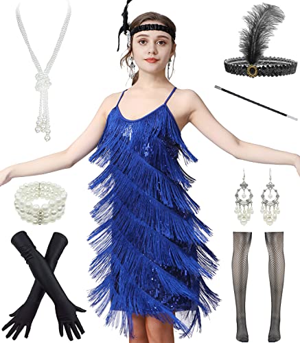 Image of Women 1920s Gatsby Flapper Dress Sexy Open Back Strap Fringed Cocktail Party Dress with 20s Accessories