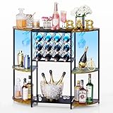 JKsmart Wine Bar Cabinet with LED Lights, Mini Wine Rack with Storage and Glass Holder, Home Bar Cart for Liquor, 3-Tier Bar Table for Kitchen, Dining Room, Living Room, Rustic Brown