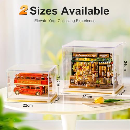 Image of Rolife Acrylic Display Case Dust Cover for Collectibles, Dustproof Protection Showcase with White Base with Door for Mini Dollhouse, 3D Puzzles (8.8''x7.6''x6'')