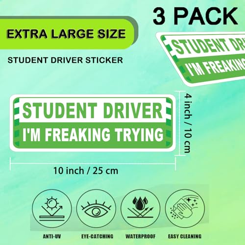 Image of 3 Pack Student Driver Magnet for Car, Magnetic Student Driver Sign for Vehicle, Reflective Warning Bumper Sticker Magnet Sign for New Driver, 10 inch x 4 inch (GREEN)