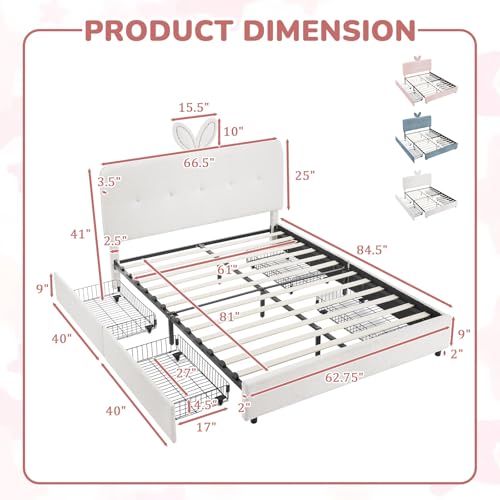 Image of Queen Led Bed Frame with 4 Storage Drawer, Upholstered Platform Floor Bed with Rabbit Ear Headboard Daybed Strong Wooden Slats No Box Spring Needed for Kids Girls Boys, Beige
