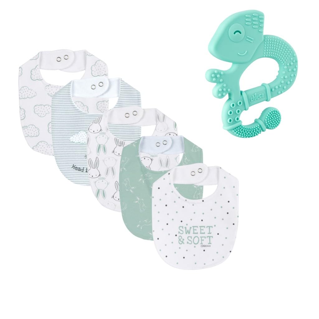 Chicco Set 5 Bavaglie e Massaggiagengive Refrigerante, 5 Bavaglie in Morbido Cotone, Massaggiagengive in Morbido Silicone, Sollievo Durante il Periodo della Dentizione