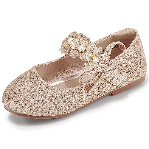 PANDANINJIA Toddler Girls Dress Shoes Flower Girl Flats Pearls Bow Mary Jane Wedding Party Flora Shoes