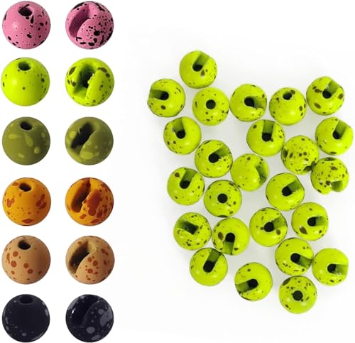 Aventik Mottled Tactical Slotted Tungsten Beads 25pcs Think Fast Think Deep Beads Fly Tying Materials Lure Jig 6 Colors / 5 Sizes for Fly Fishing Fanatic (4.0mm, Chartreuse/Dark Olive)