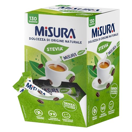 Misura Stevia in Bustine, Bustine con Cristalli Finissimi, Zero Calorie, Vegano, Senza Glutine, Senza Aspartame, Pratica Confezione per Bar, Ristoranti e Uffici, 130 Bustine Stevia