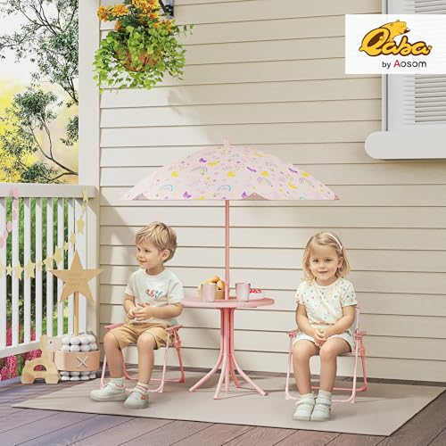 Qaba Kids Picnic Table and Chair Set, Outdoor Activity Table with Foldable Chairs, Removable Umbrella, Rainbow Pattern Toddler Patio Furniture for Backyard, Garden, Pink