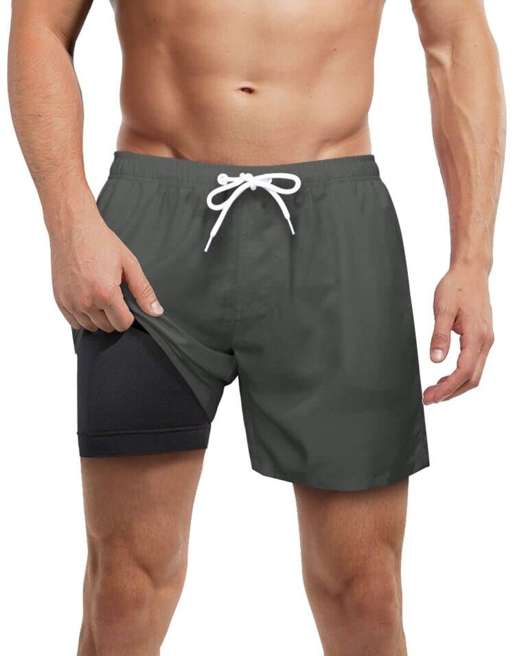LUCOWEEMens Swim Trunks with Bult-in Boxer Briefs Compression Liner Anti Chafe Quick Dry UPF 50+ Swimming Shorts 5-6" Inseam Bathing Swimsuit
