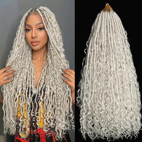 Silver White Goddess Locs Crochet Hair Platinum Blonde Pre Looped Braiding Hair 84 Strands Grey Bohemian Faux Loc Boho Braids Dreadlocs Hair for Black Women (Silver white, 24 Inch(Pack of 7))