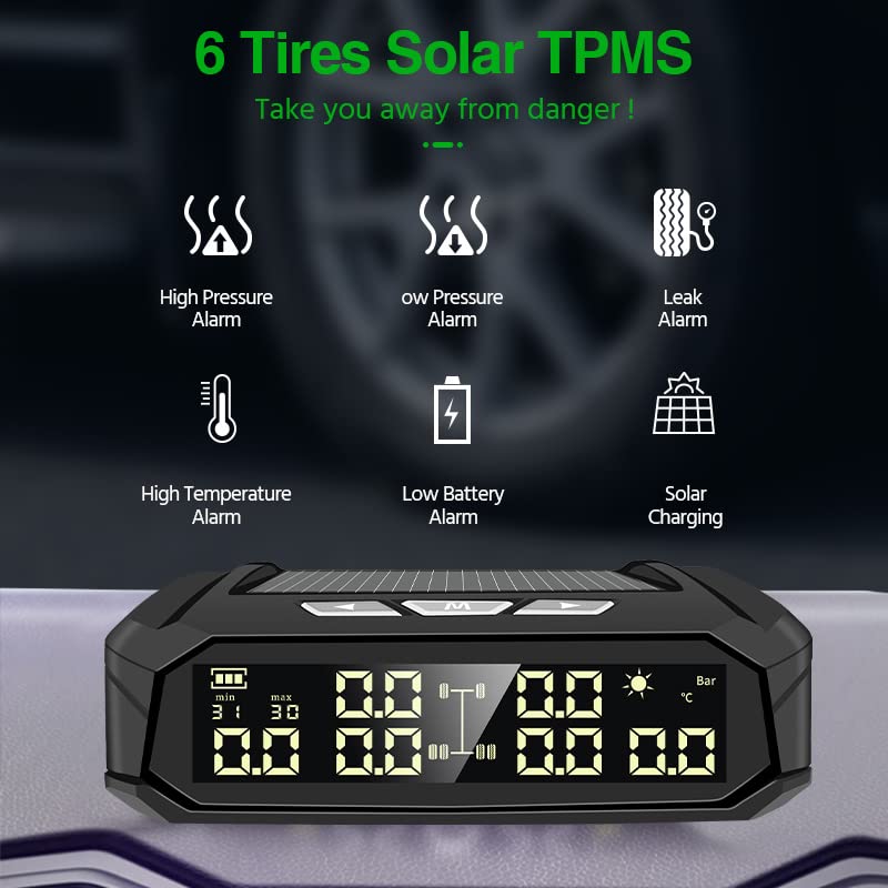 Tpms Sistema di monitoraggio della pressione dei pneumatici for auto solare, display digitale della temperatura dei pneumatici, sistemi di allarme di sicurezza for auto con 6 sensori Pressione Pneumat