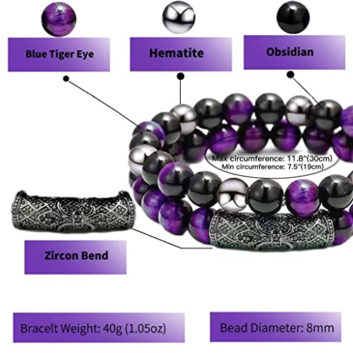 2Pcs Triple Protection Bracelet,Natural Tigers Eye Black Obsidian And Hematite 8 Mm Beads Bracelet For Men Women Gift, Healing Crystal Bracelet Bring Luck And Prosperity And Happiness (Purple) #TOP1