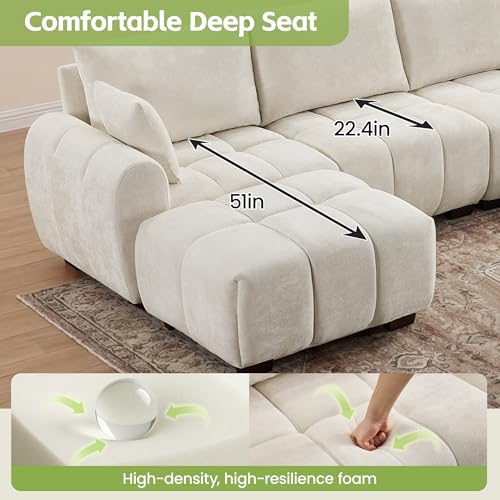 Image of 112 inch Cloud Modular L-Shaped Chenille Beige Sectional Sofa | 4 Seat Tufted Oversized Couch with Wood Legs & Movable Ottoman for Apartment Living Room