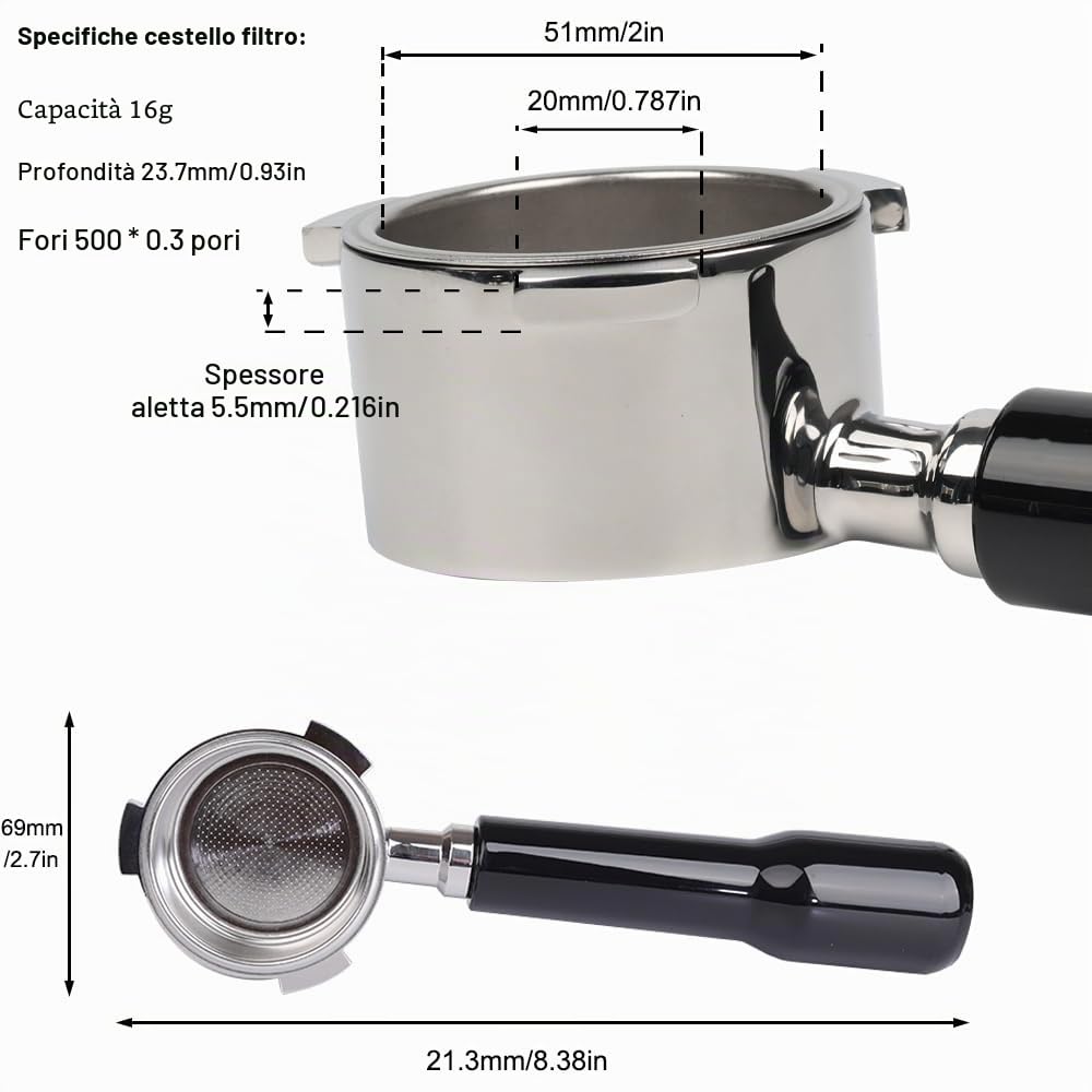 Portafiltro senza fondo 51 mm per DeLonghi Dedica EC680/EC685/EC785/EC820/EC850/EC860, con 2 tazze filtro filtro a cestello, con 3 orecchie spessore 5,5 mm