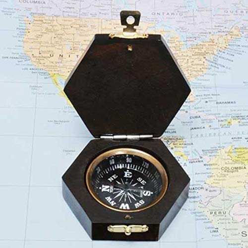 Brújula manual Song of India en caja hexagonal de madera miniatura 1
