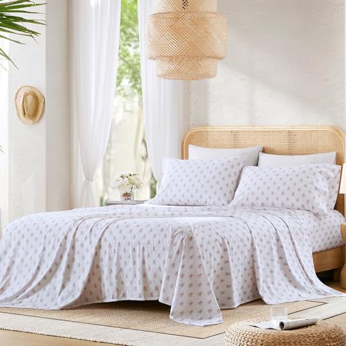 Comfort Spaces 100% Cotton Sheets Queen, Breathable, Naturally Cool Cotton Sheets, Soft Cotton Bed Sheets with 14" Elastic Pocket Fits up to 16" Mattress, All Seasons Sheet Set, Floral Pink 4 Piece