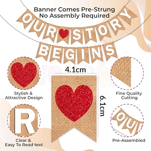 Image of Wobbox Jute Style White Text & Red Heart inchOur Story Begins inch Pre Wedding Bunting Banner, Pre-Wedding Decoration Item