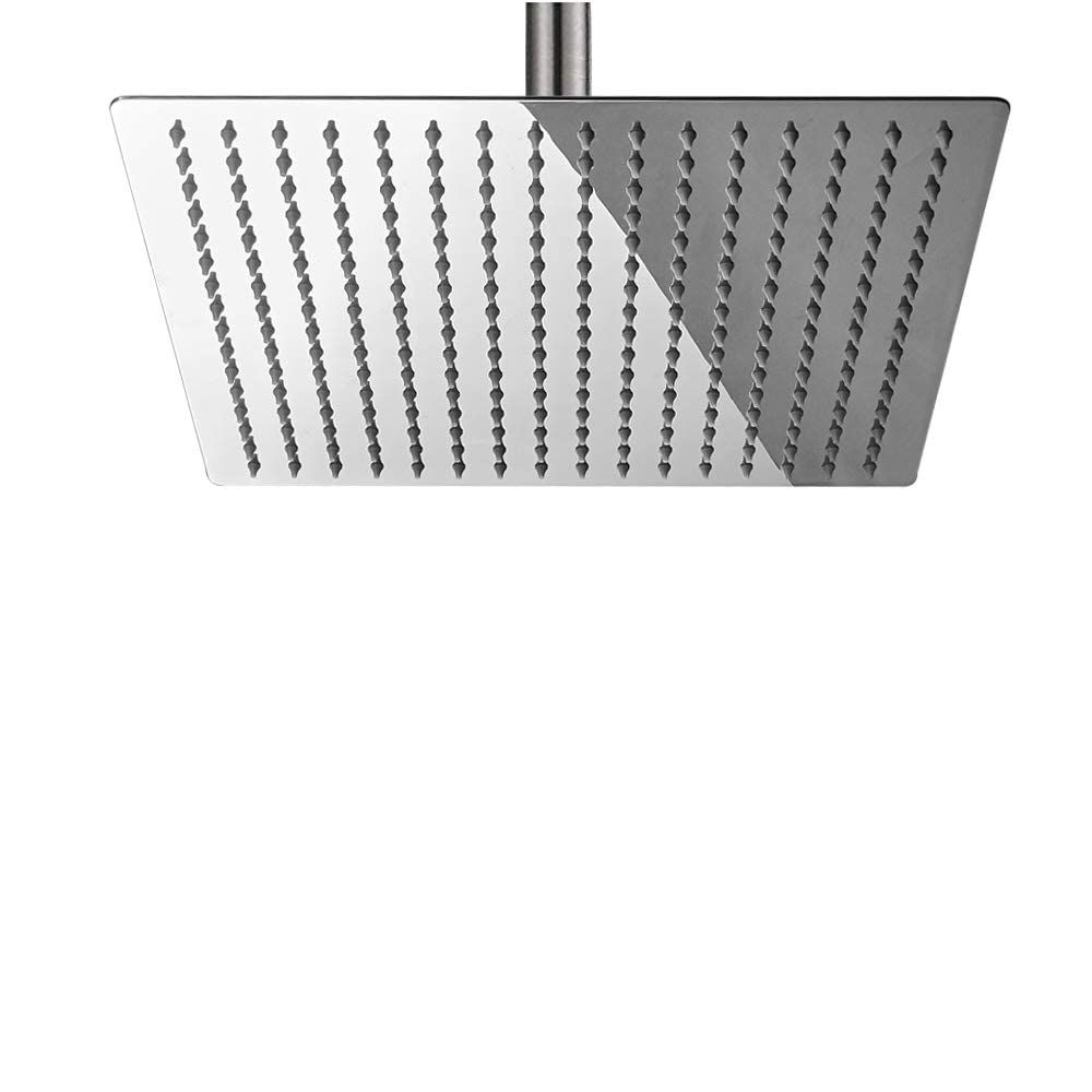 BESy 12 Inch Rain Shower Head, 12" Square Rainfall & High Pressure Stainless Steel Bath Shower Head, 1/16 Ultra Thin, Waterfall Full Body Coverage with Silicone Nozzle, Polished Chrome