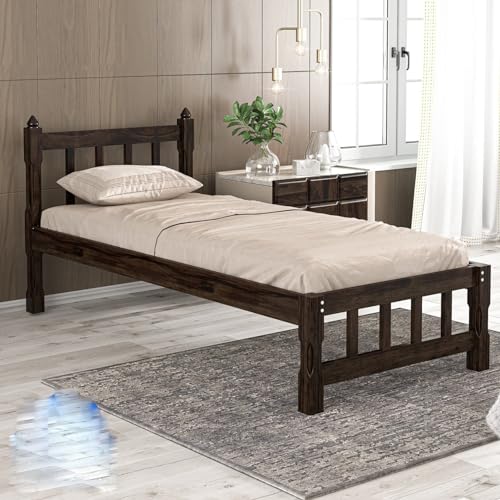 Image of A Beautiful Single Size Bed for Bedroom, Without Storage Bed sheesham Wood Bed Furniture, DIY(Do-It-Yourself) for Living Room, Polished | Finish (Dark Wlanut)