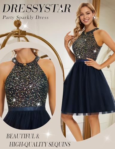 Image of Dressystar Women's Sequin Short Prom Dress Sparkly Halter Tulle Cocktail Party Homecoming Dresses