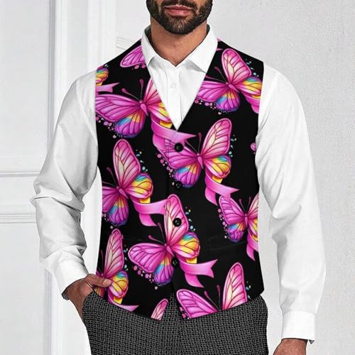 Rainbow Ribbon Breast Cancer Awareness Men's Suit Vests Business Formal Dress Vest V-Neck Waistcoat for Wedding Casual2