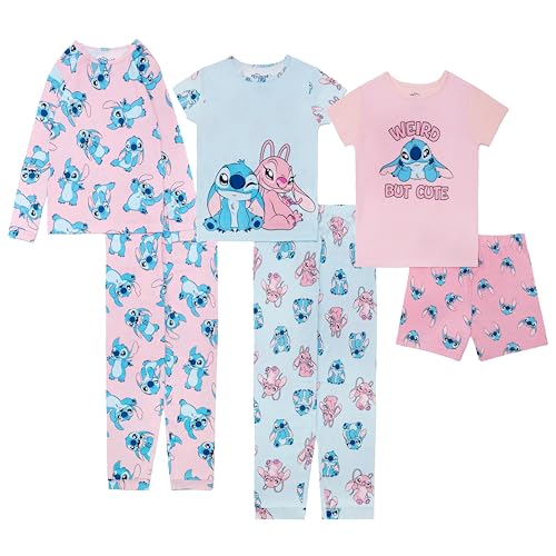 Disney Lilo & Stitch Girls 6-Piece Cotton Pajama Set Matching Snug-fit Shirt & Pants Soft & Cute for Kids