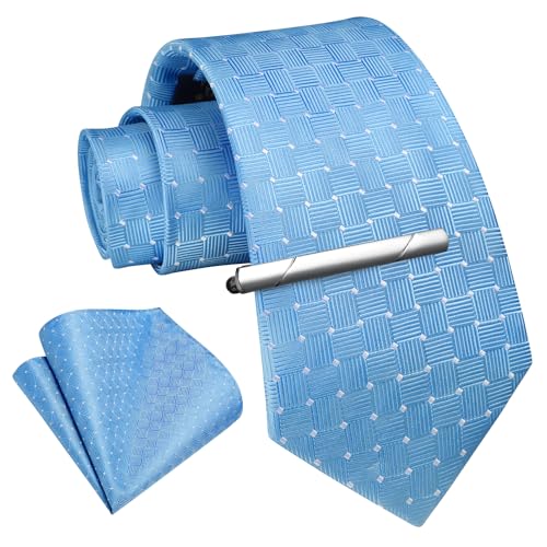 Image of Enlision Ties for Men Plaid Stripe Tie Handkerchief Woven Classic Formal Necktie Pocket Square Clip Set