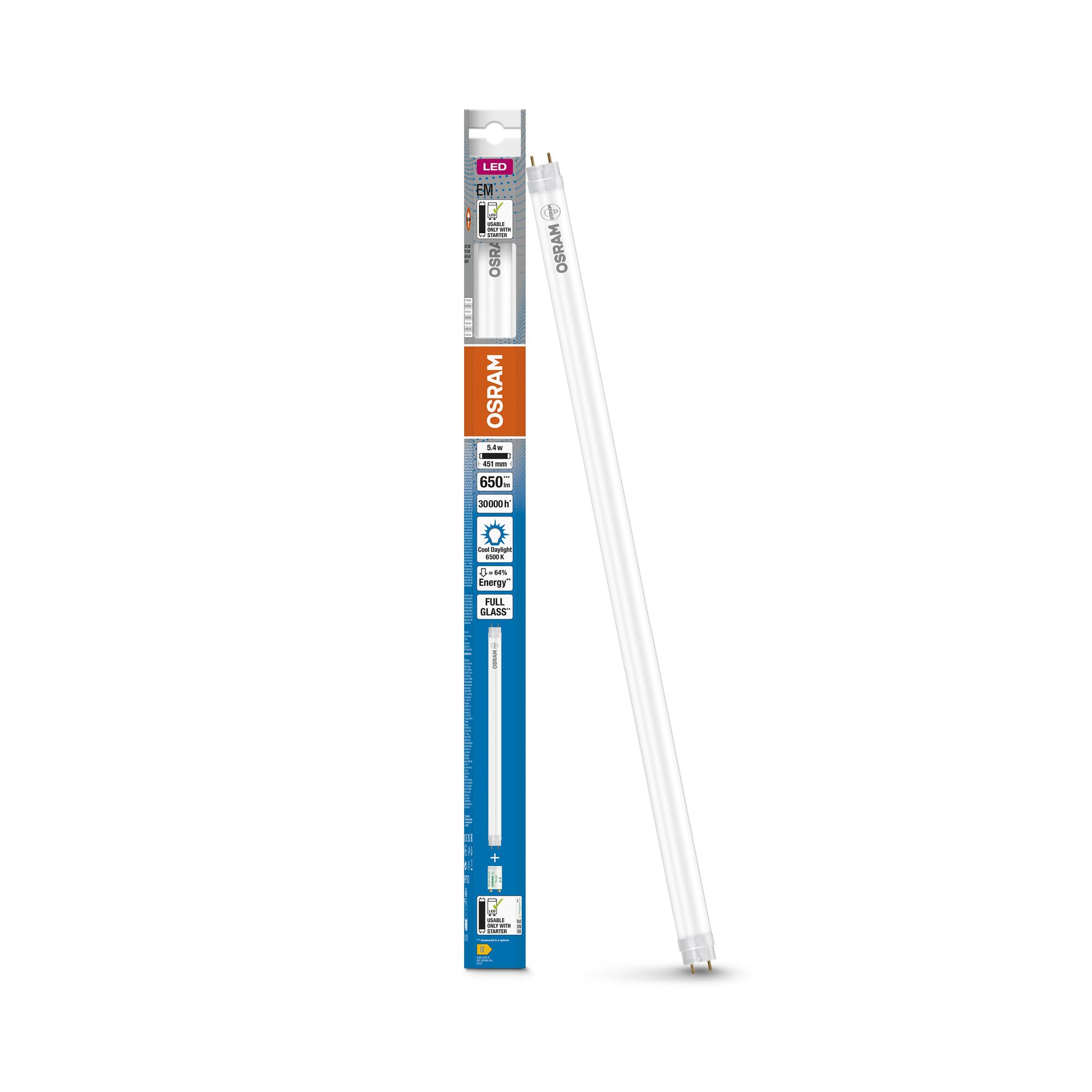 Osram White Led Tube T8 15 Em 438 Mm, Linear Led Tube, 5.4W, 650Lm, 6500K, Daylight Light, Led Replacement For T8 Fluorescent Tubes With A G13 Base, Long Life, Low Energy Consumption