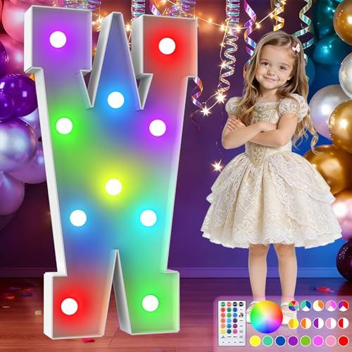 Image of 3FT Colorful Marquee Letters,18-Color Letter W with Remote Control Large Light Up Numbers Sign,Pre-Cut Foam Board Set for Party Decoration, Birthdays, Weddings, Graduations, Baby Anniversaries