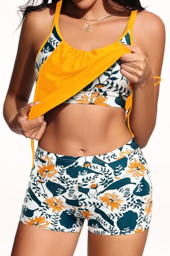 Image of Holipick Blouson Tankini Swimsuits for Women - Two Piece Tummy Control Bathing Suit with Shorts Modest Swimwear