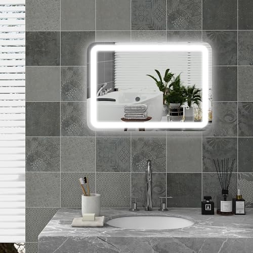 HOMCOM Specchio Bagno con Luce LED a 3 Colori 70x50cm, Specchio da Parete in Vetro Temperato Reversibile con Luminosità Regolabile, Funzione Memoria, Antiappannamento, Interruttori Touch, IP44