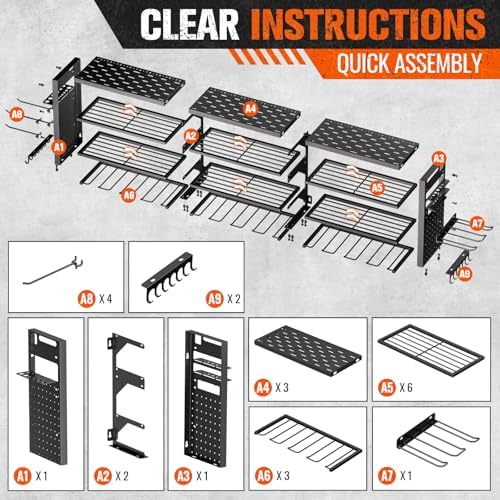 49.8" W Large Power Tool Organizer Wall Mount, Heavy Duty Tool Organizer with 14 cordless Drill Holder, 4 Layers Garage Organization and Storage Rack, Tool Rack for Garage Workshop, Black — view 7