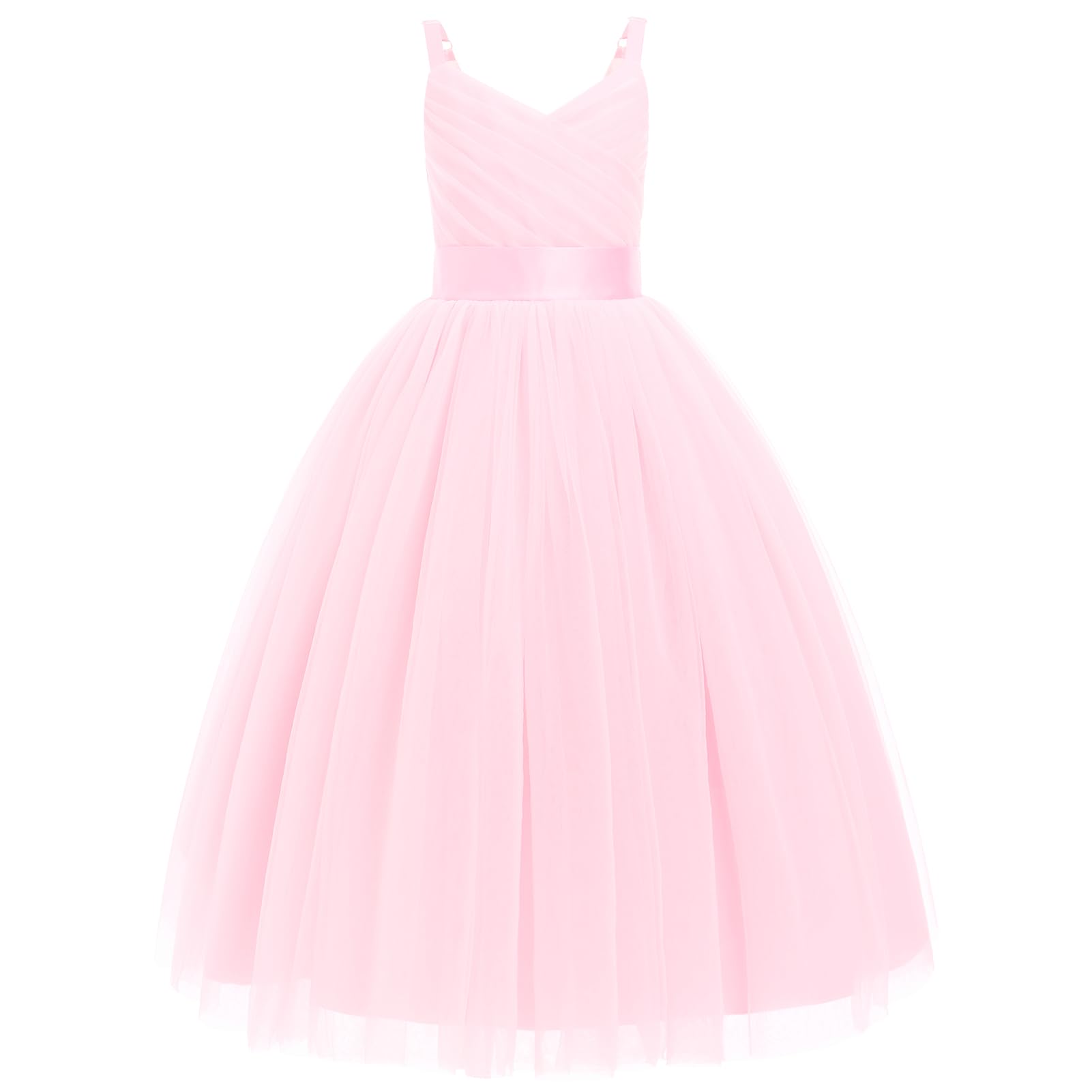 IDOPIP Ragazza Fiori Principessa Abito Lungo Pieghettato Matrimonio Damigella d'onore Abito Da Sfera Ricamo Fiore Pizzo Elegante Scollo a V