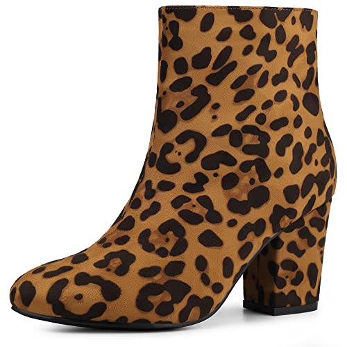 Allegra K Women Round Toe Side Zipper Block Heel Leopard Ankle Boots 10 M US