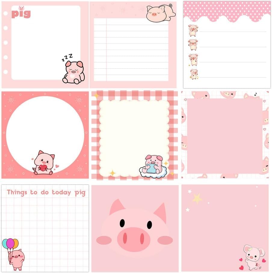 9 Pads Pink Pet Sticky Notes Cartoon Animal Self Stick Notepads 3x3 Inch-Piggy Aesthetic Inspirational Sticky Notes Set Pig Tabs Note Pads for School Office Home Stationery Supplies Party Favors