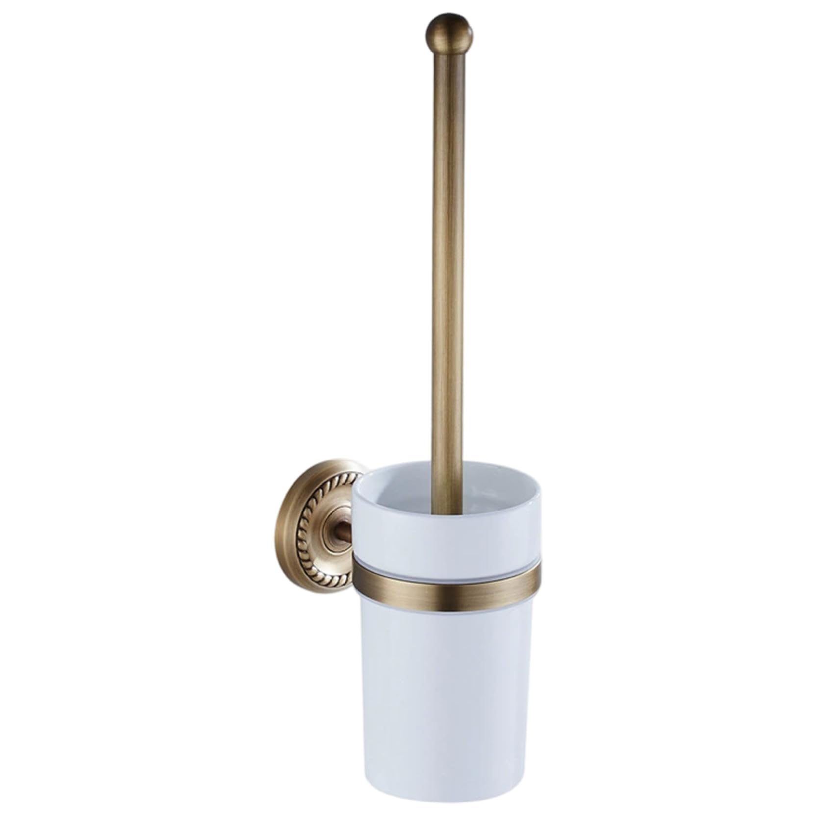 Xoeryoy White Toilet Brush And Holder Set 14.6In Brass Antique Wall Mounted Toilet Brush With Ceramic Cup Elegant Bathroom Essentials