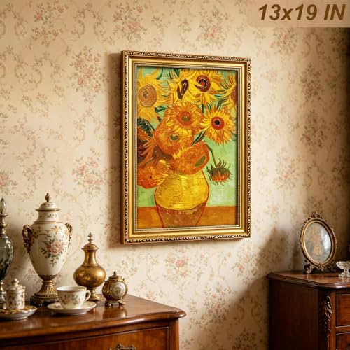 Image of 13x19 Picture Frame Gold Wood Vintage Picture Frames Antique | Real Glass, Easy Photo Changes, Wall Hanging