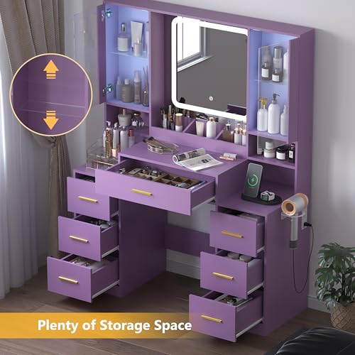 Image of Wodeer Purple Makeup Vanity Desk with Mirror & Lights, Modern Vanity Table with Charging Station, 7 Drawers, Glass Cabinet, Adjustable Shelves, Bedroom Dressing Table Set for Women & Girls