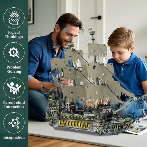 Image of Reobrix Pirate Ship Building Sets, MOC Flying Dutchman Model Toy Boat,Green Ghost Ship Building Blocks Sets 66037,Toy Sets for Adults,Halloween Home Decor Birthday Gifts for Kids 14+(5503 PCS | 66037 Maquette Bateau, Cannons with Shooting Function, 360 Rotating Rudder, Large Sailing Ship, Flying Dutchman, 5865 Pieces