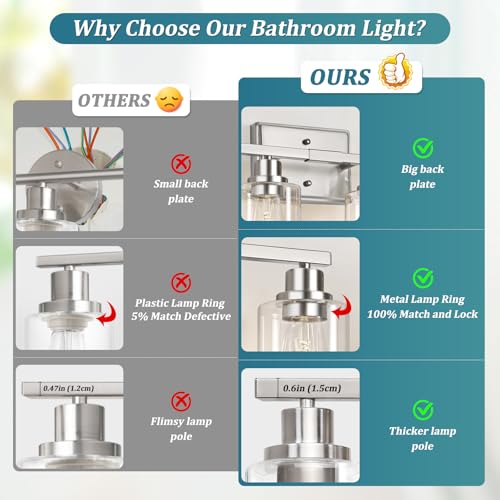 Image of Unicozin Modern Brushed Nickel Bathroom Light Fixtures, 4-Light Vanity Lights Over Mirror with E26 LED Bulbs Included, Wall Sconce with Clear Glass Shades for Living Room Bedroom Hallway Kitchen