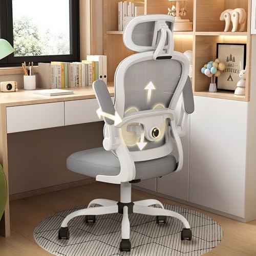 JeeLeeko Silla ergonomica, Silla Oficina con Soporte Lumbar 3D y Reposacabezas Ajustable, Balanceo Multidireccional y Brazos Plegables, Cojín Ortopédico Grueso (Gris)