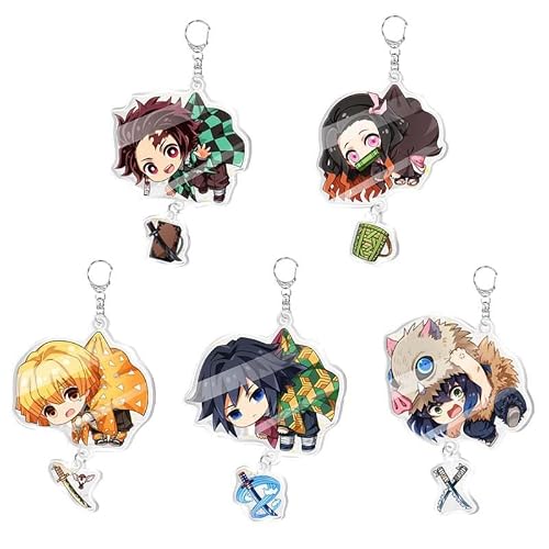 Puruuige Ghost Slayer 5PCS Keychain 2.4in/6cm, Super Cute Anime Tanjiro Kamado Nezuko Kamado Zenitsu Agatsuma Giyu Tomioka Inosuke Hashibira Keychain for Anime Fans