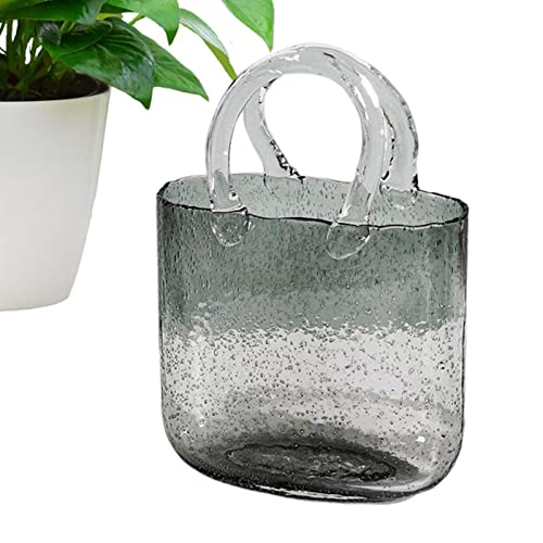 Florero de cristal para flores de 28 cm, jarrón transparente soplado a mano con asas, jarrón de cristal transparente con pecera, bolso de mano, jarrón de flores único decorativo para arreglos florales