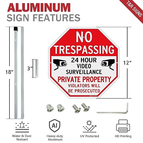 Image of T&R Large No Trespassing Private Property Sign Video Surveillance Sign with 36 inch Stake for Outside - 4 Pack - 12 inchx12 inch .040 Rust Free Heavy Aluminum, Reflective, Waterproof, Weatherproof, 4 pre-drilled holes,Includes Matching Screws & Wrench, Easy to Mount